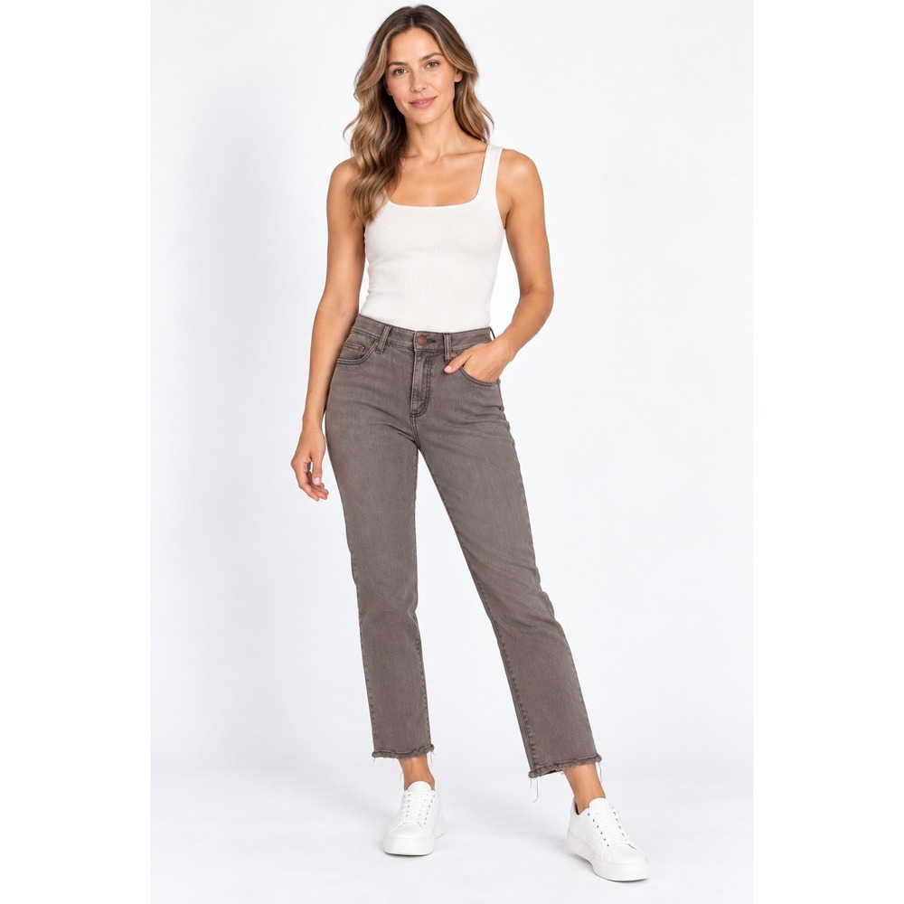 Democracy Ab Solution Straight Leg Jeans Taupe Brown Raw Hem Size 6